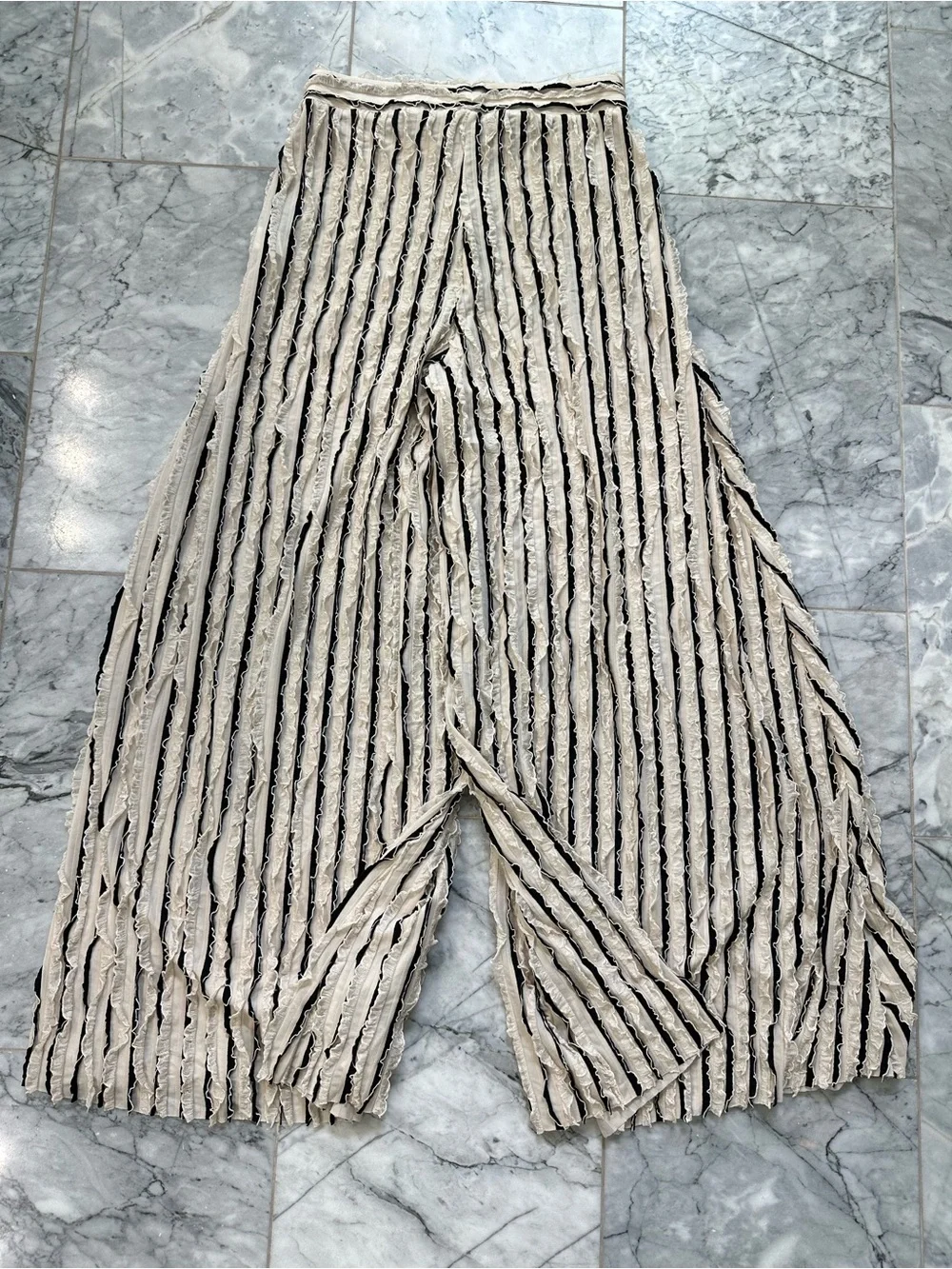 ZARA Cream Black Stripe Ruffle Knit Wide Leg Pants